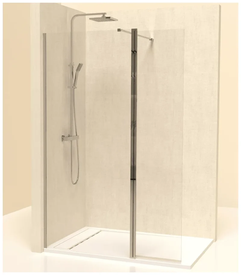 Puerta abatible para mampara de cristal templado con perfil en acabado plata alto brillo Vision Kassandra