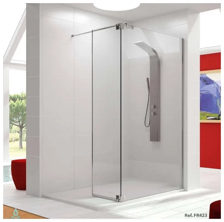 Mampara de ducha de cristal templado con panel fijo y hoja abatible FR423 Kassandra