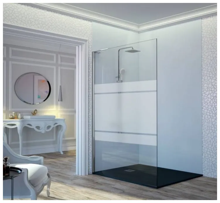 Mampara de ducha panel fijo frontal con vidrio decorado Clio y perfil de plata brillo alto Fresh Kassandra