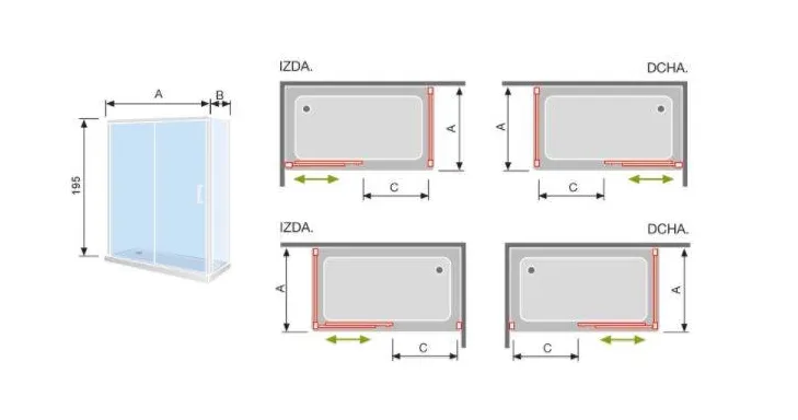 Mampara de ducha con puerta corredera de 195 cm de cristal templado CU607 Kassandra