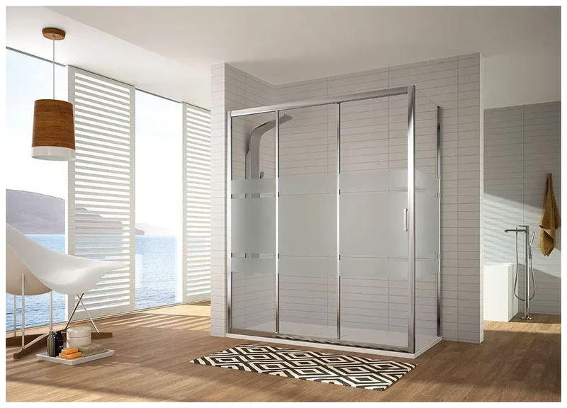 Mampara de ducha con correderas y hoja fija en cristal templado decorado Bali DI101 Kassandra