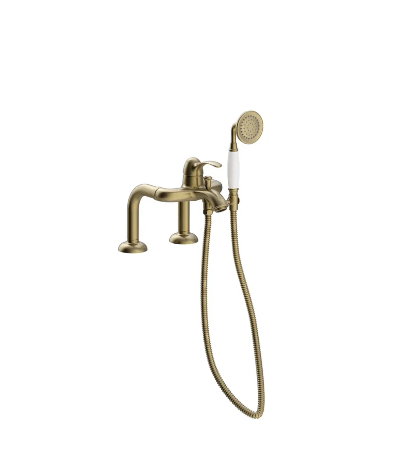 Grifo monomando para borde de bañera con ducha de mano soporte y flexo en latón viejo mate Tres Clasic TRES
