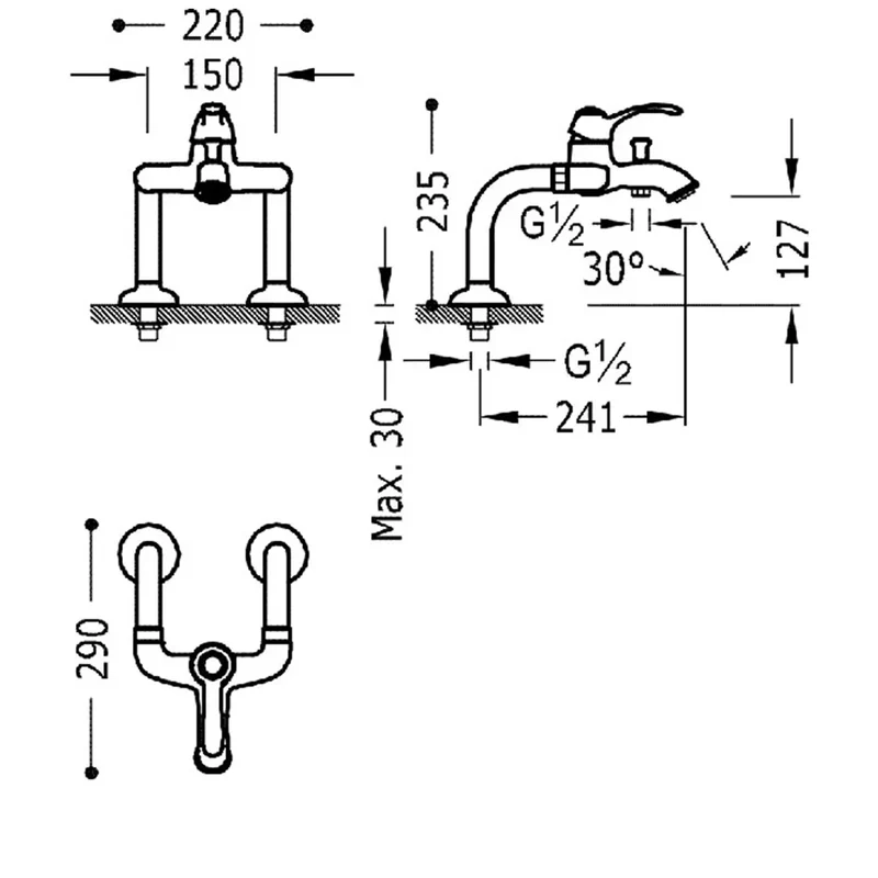 Grifo monomando para borde de bañera con ducha de mano soporte y flexo en latón viejo mate Tres Clasic TRES