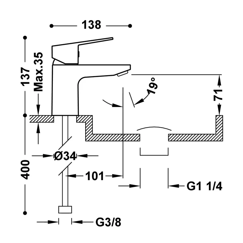Grifo con monomando para lavabo de instalación sobre repisa acabado cromado y válvula de desagüe Base TRES-DUO