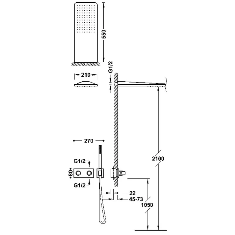 Columna de ducha termostática con grifería y ducha de volante rectangular acabado oro rosa mate B-SYSTEM TRES