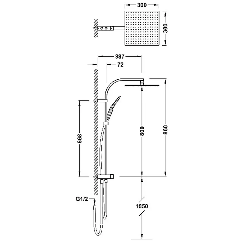 Columna de ducha para cualquier grifo con rociador cuadrado acabado negro mate Over Wall Tres