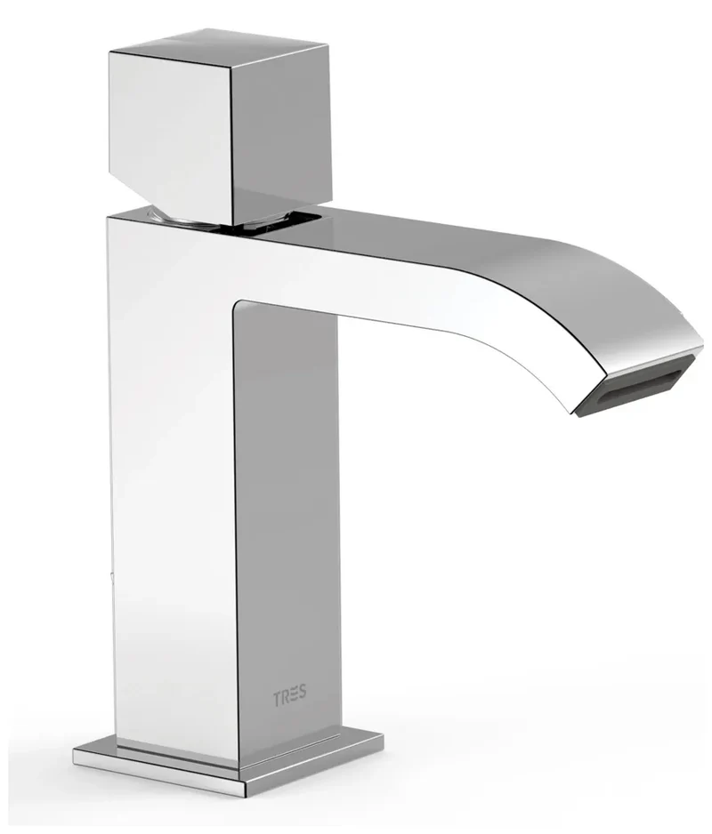 Grifo monomando para lavabo de latón con maneta en forma de cubo y acabado acero Cuadro TRES