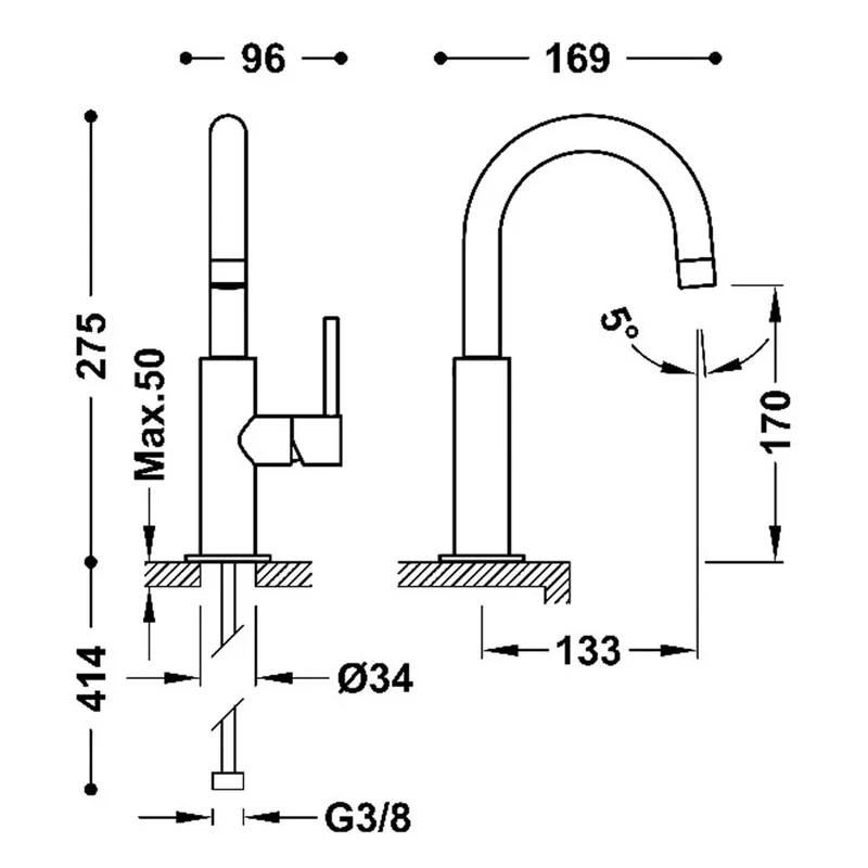 Grifo monomando con maneta lateral y ahorro energético con acabado negro mate Study Tres