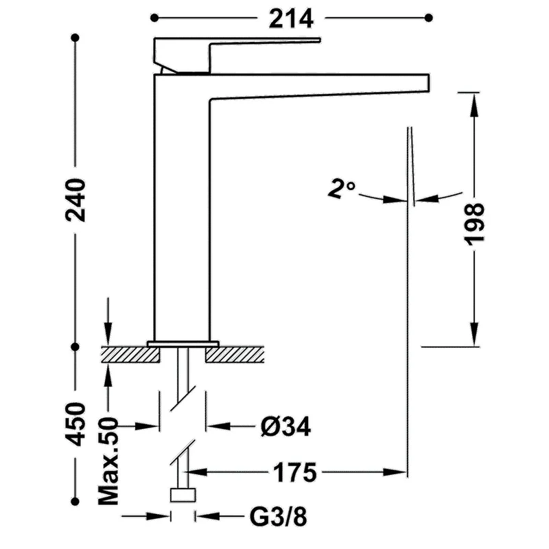 Grifo monomando de lavabo vertical de latón con acabado oro mate M SLIM TRES