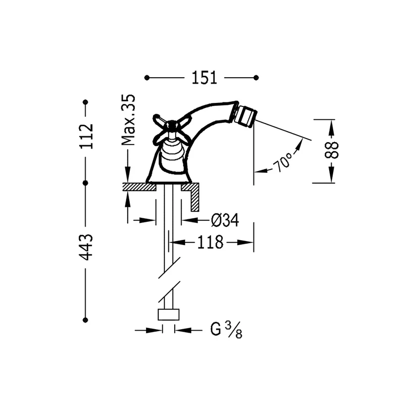 Grifo de bidé vertical con regulador de temperatura bimando de acero acabado CLASIC TRES