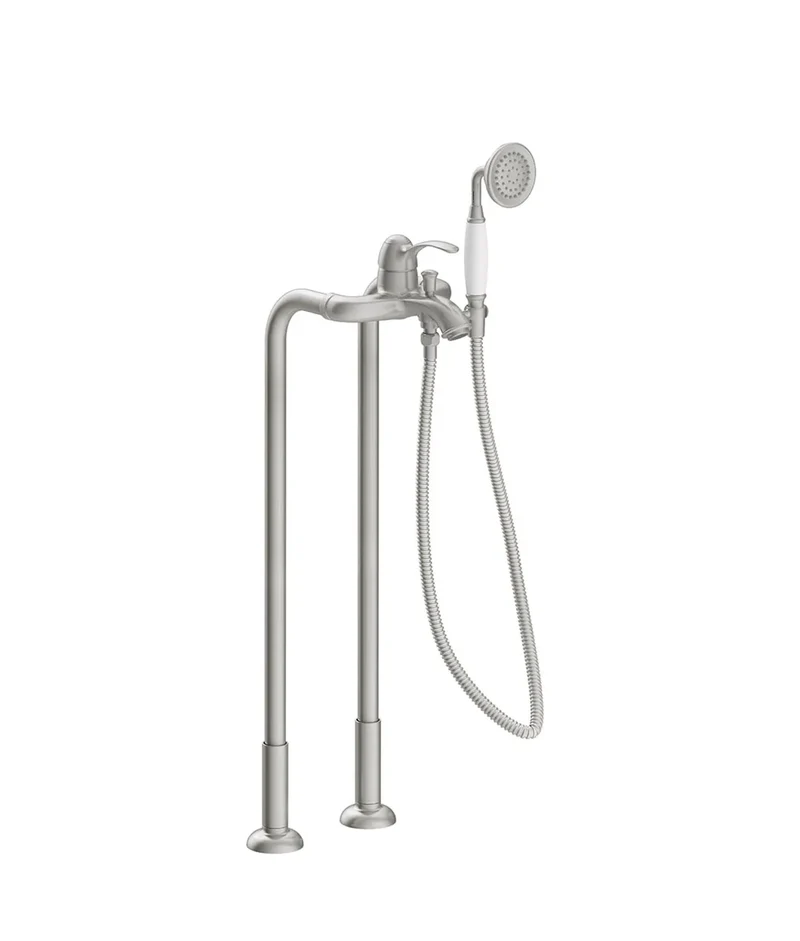 Grifo monomando a suelo para bañera y ducha con rociador de mano y soporte flexo acero Tres Clasic tres