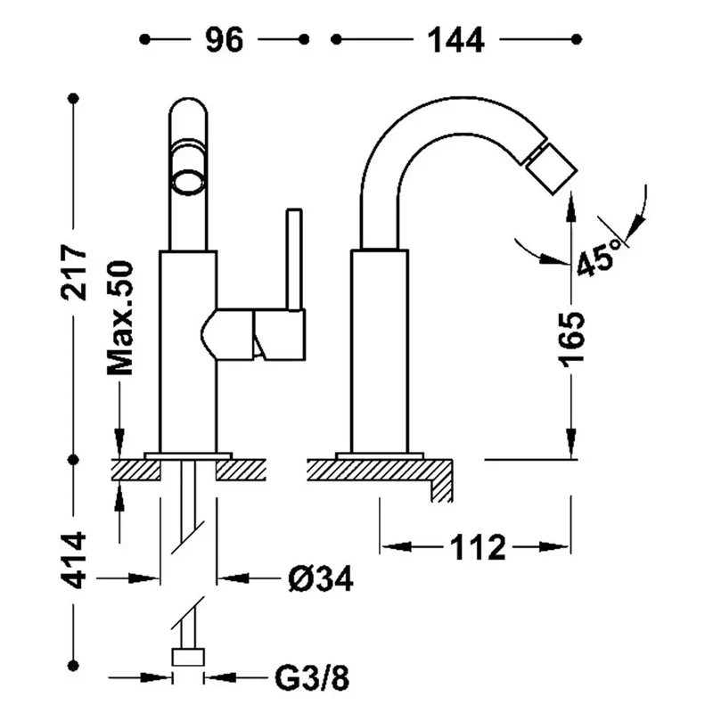 Grifo monomando para bidé con rótula orientable y maneta lateral acabado negro metalizado Study Tres