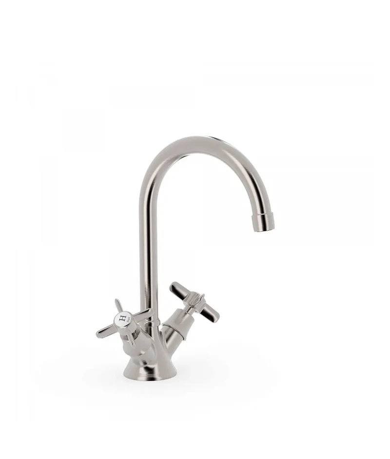 Grifo de lavabo de estilo clásico curvo y bimando con aireador acabado acero CLASIC TRES