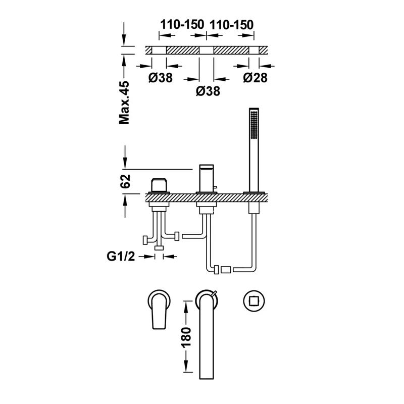 Grifo monomando para borde con inversor integrado en caño de bañera, acabado negro metalizado Project TRES