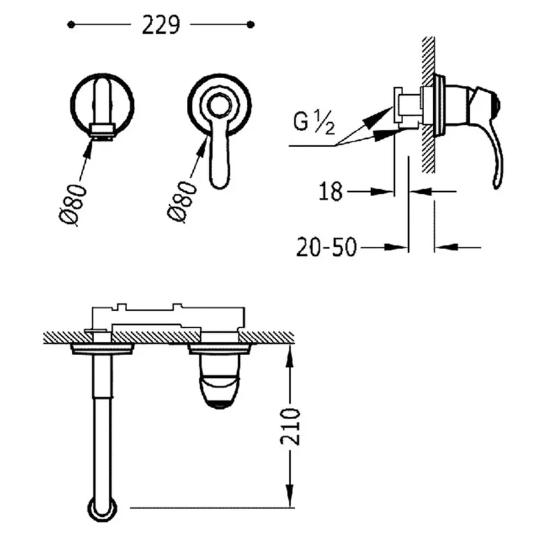 Grifo monomando para lavabo con cuerpo empotrado indivisible con acabado latón viejo mate Tres Clasic Tres