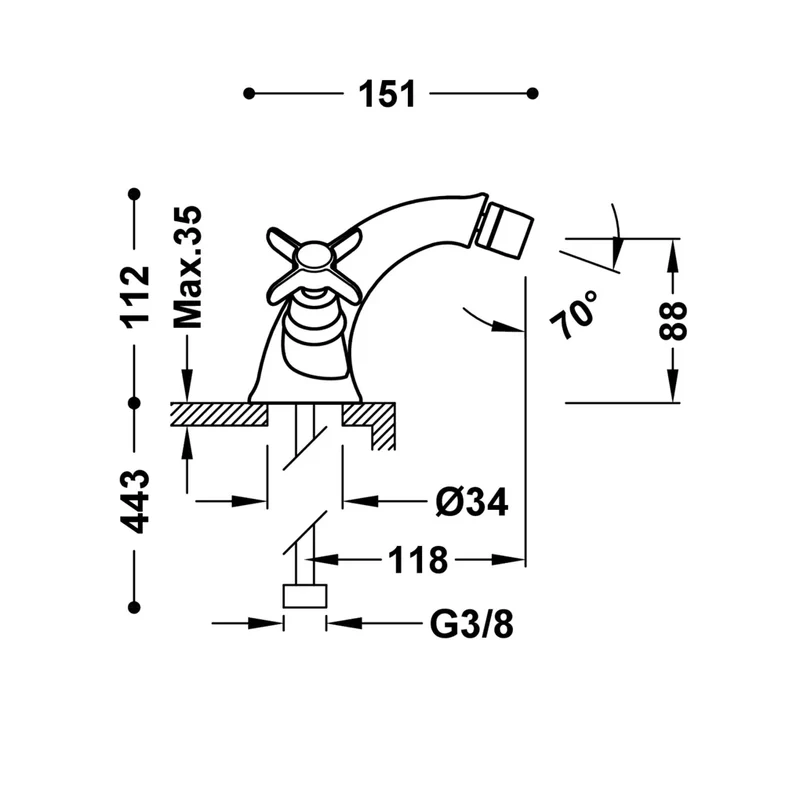 Grifo de bidé vertical bimando con regulador de temperatura en latón viejo mate Clasic TRES
