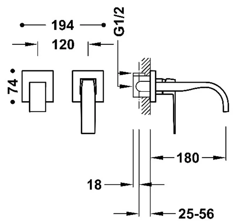 Grifo con monomando de instalación empotrado para lavabo con caño largo Slim Tres