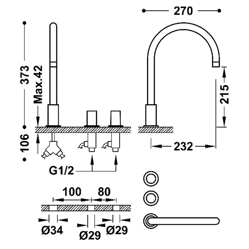 Grifo bimando de repisa para lavabo instalación libre acabado oro mate 24K Study Tres