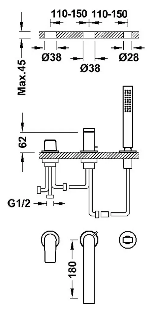 Grifo monomando para borde de bañera con acabado cromado Project Tres