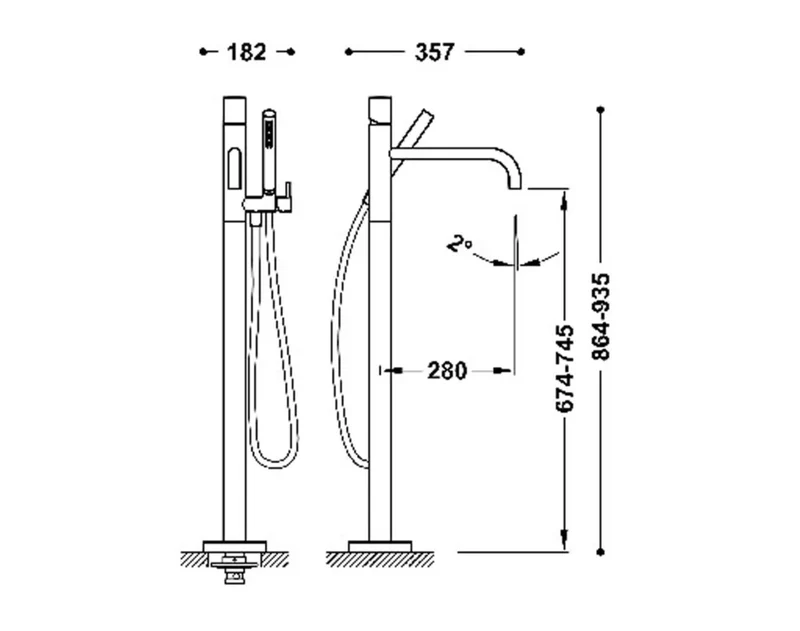 Grifo monomando de pie con teleducha acabado acero para bañera y ducha STUDY EXCLUSIVE TRES