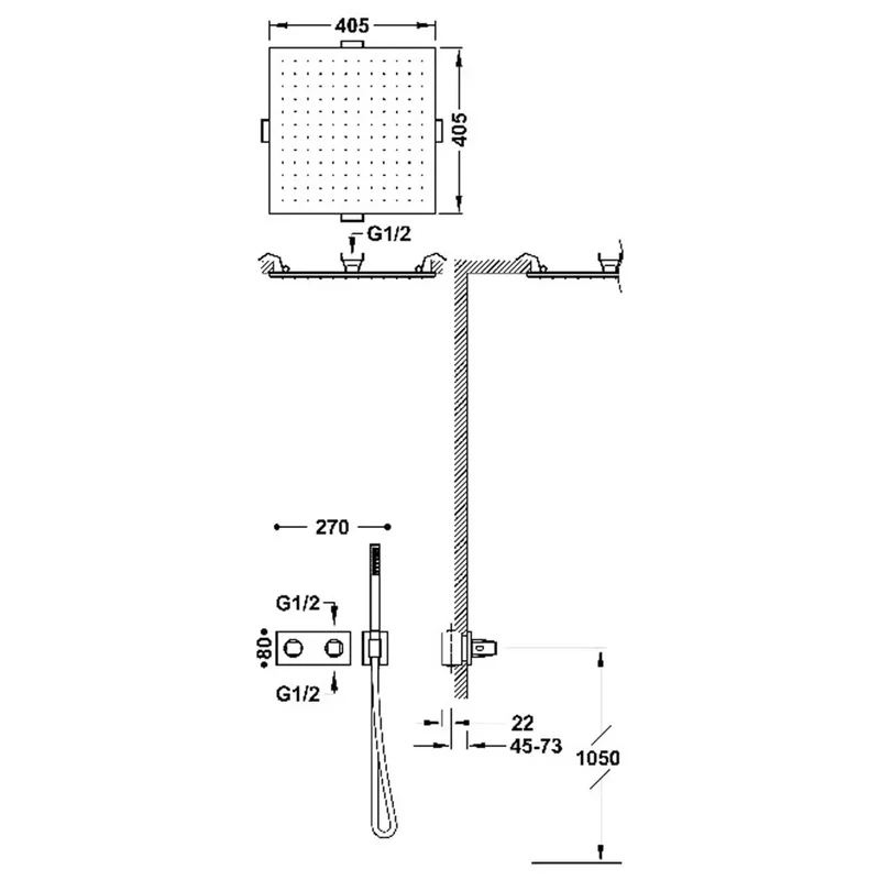 Grifo termostático de dos vías con ducha y volantes cuadrados de acabado negro mate B-SYSTEM TRES