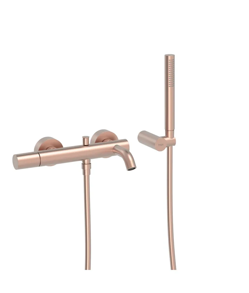 Grifo monomando mural para bañera y ducha con soporte para rociador acabado oro rosa mate Study Tres