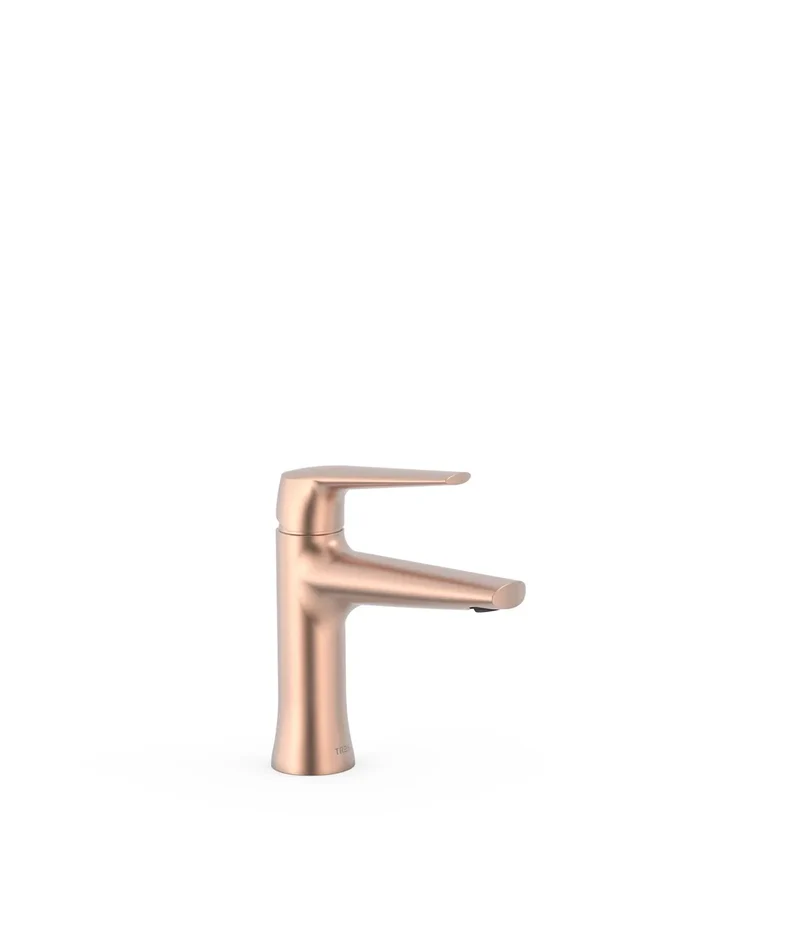 Grifo monomando para lavabo con aireador de silicona oculto de latón acabado oro rosa mate Fuji Tres