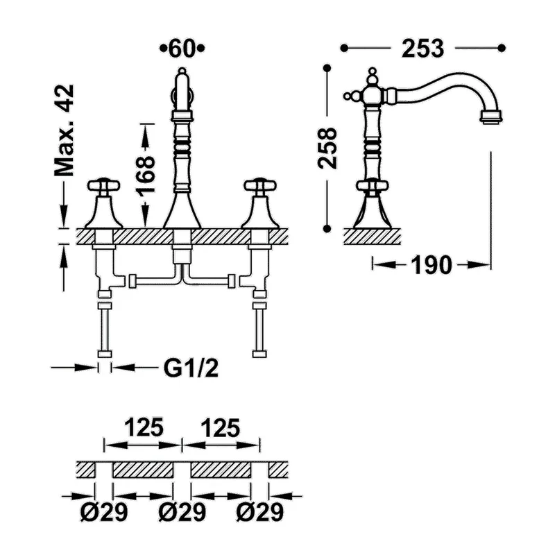 Grifo bimando vertical con acabado acero clásico para lavabo en batería CLASIC TRES