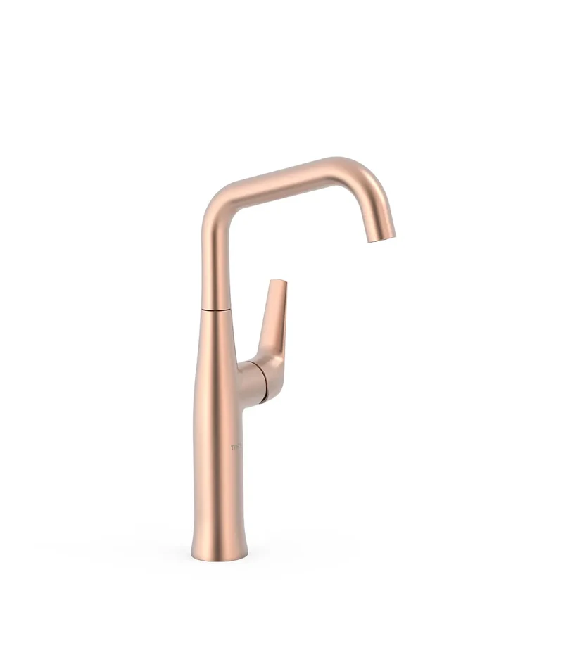 Grifo monomando alto con maneta lateral para lavabo color oro rosa mate ahorro energético 24 K Fuji Tres