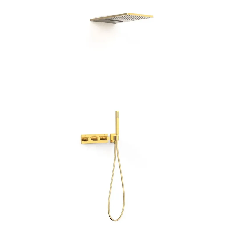 Rociador de ducha rectangular con teleducha y grifo termostático de tres vías, acabado dorado B-SYSTEM TRES