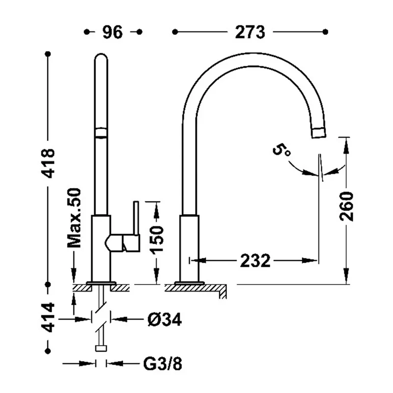 Grifo monomando acabado negro mate con maneta lateral y ahorro energético Study Tres