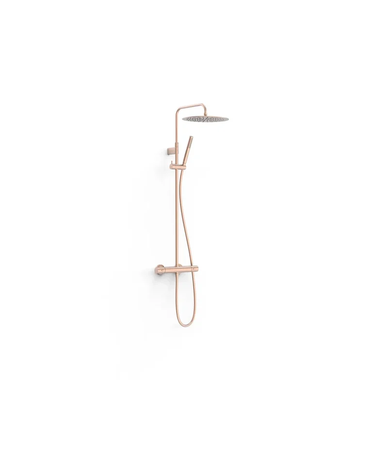 Columna de ducha termostática con volante redondo acabado oro rosa mate Over Wall Tres
