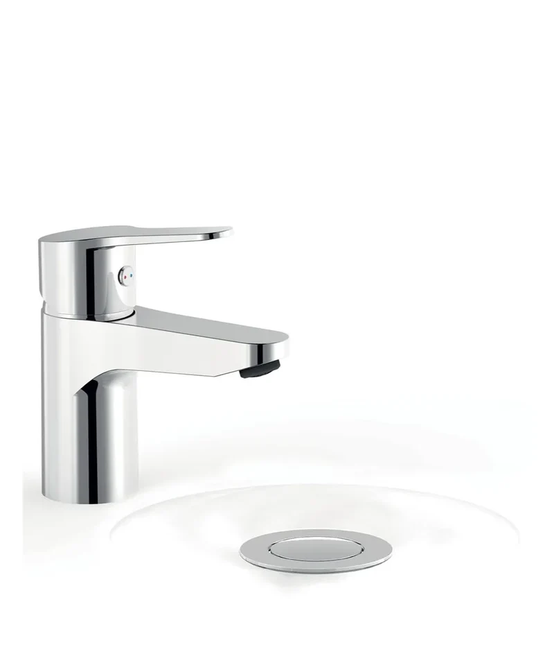 Grifo con monomando para lavabo sobre repisa acabado cromado y válvula de desagüe Base TRES
