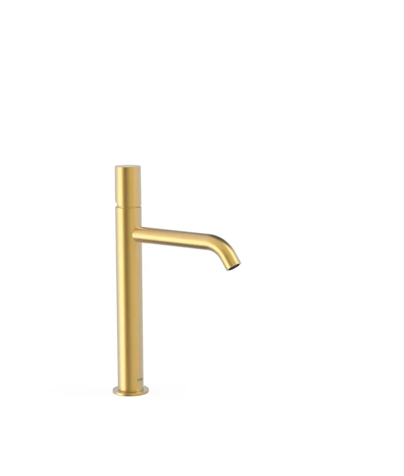 Grifo monomando alto para lavabo con latiguillos flexibles acabado oro mate 24 K Study Tres