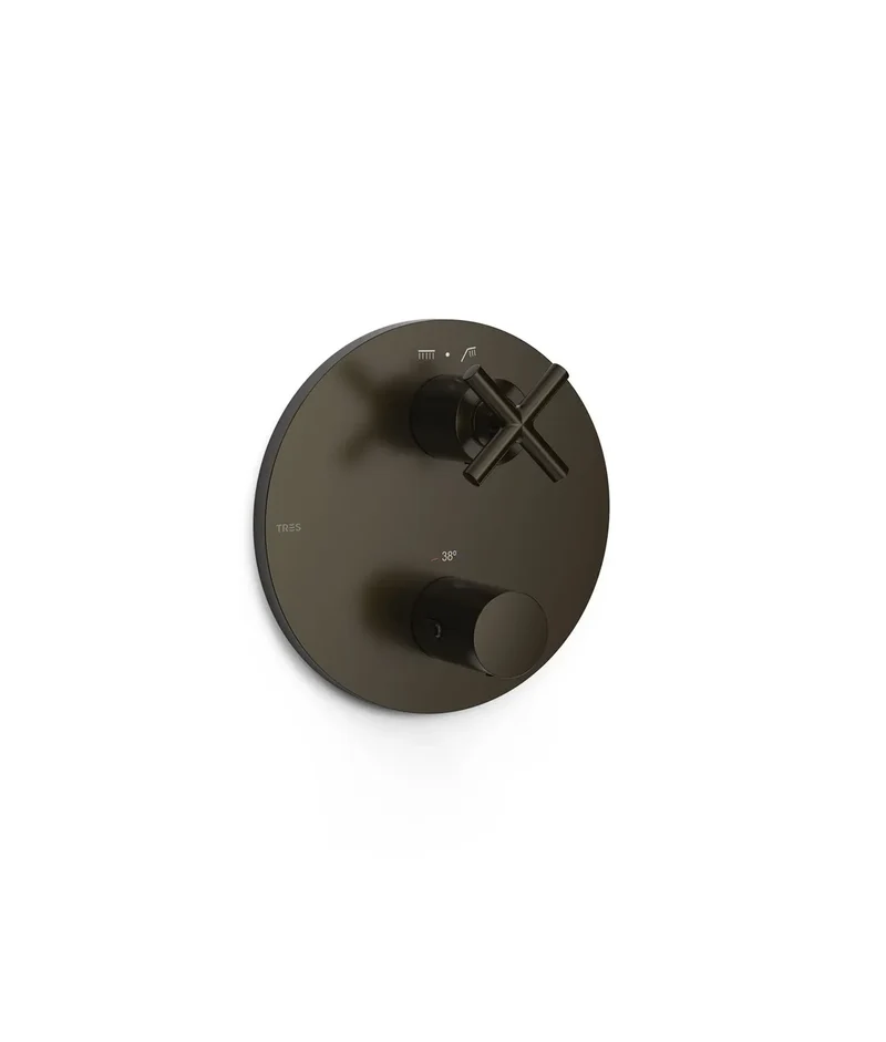 Grifo termostático para ducha con volante distribuidor de latón y acabado negro bronce TRES