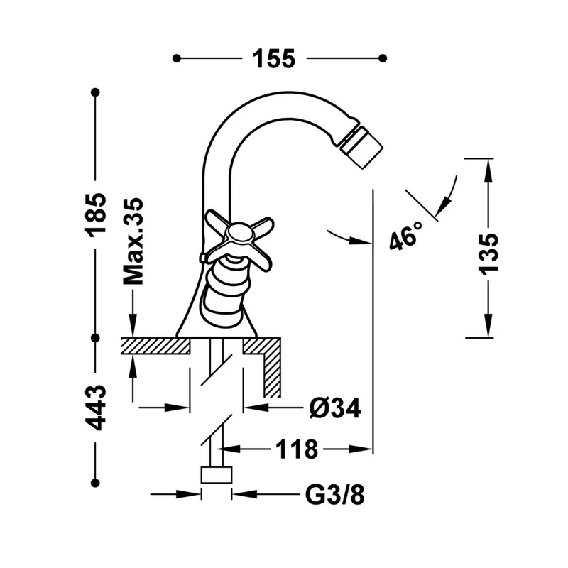 Grifo de bidé bimando con rótula orientable acabado latón viejo mate Clasic TRES