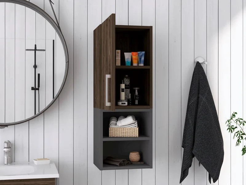 Gabinete de Baño Oporto, Chocolate y Plata Oscuro, con Espacio para Guardar Objetos de Aseo Personal