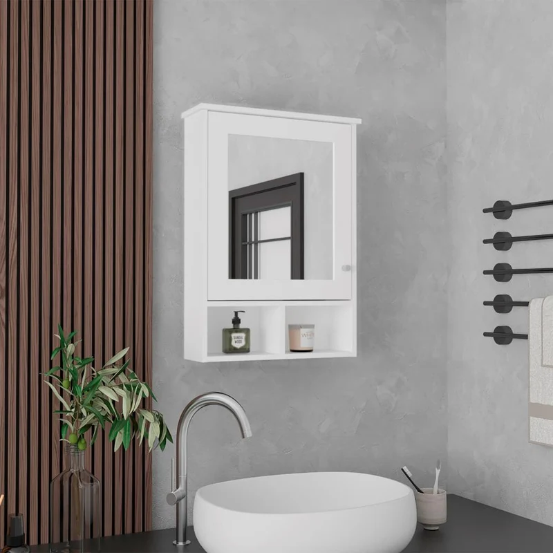 Gabinete de Baño Egeo, Blanco, con Puerta Espejo y Tres Entrepaños para Ubicar Objetos