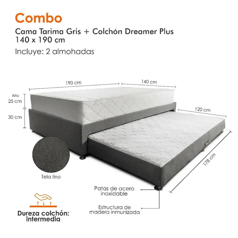 Combo de Cama Nido Tarima Gris con Colchón de 140x190 cm y 2 Almohadas