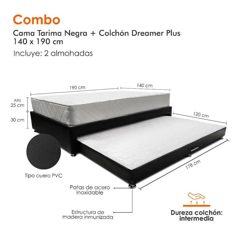 Combo Cama Tarima Nido Negra + Colchón 140 x 190 cm + Almohadas