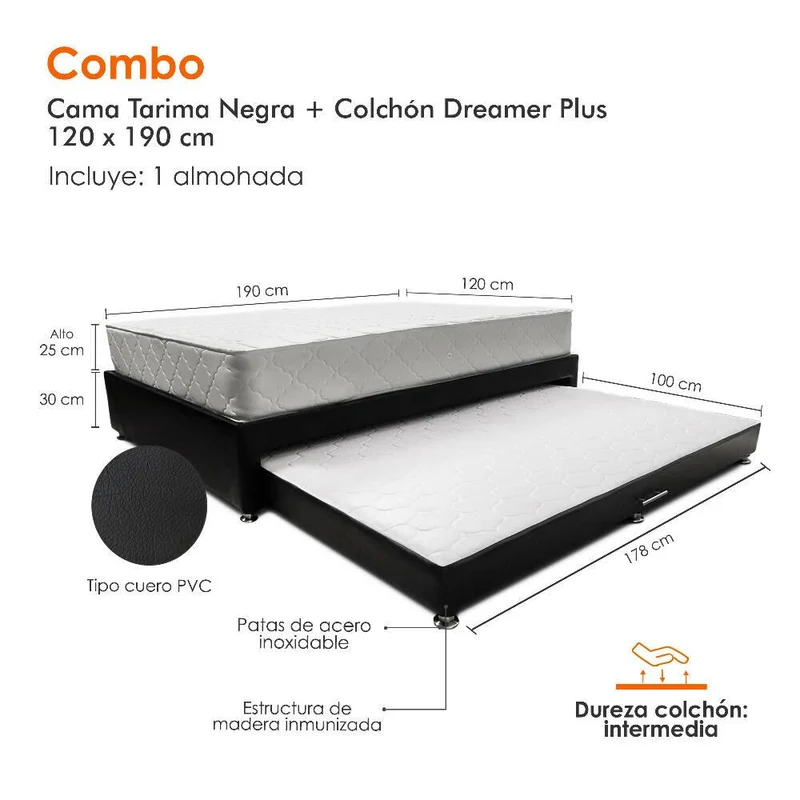 Combo Cama Tarima Nido Negra + Colchón 120 x 190 cm + Almohada