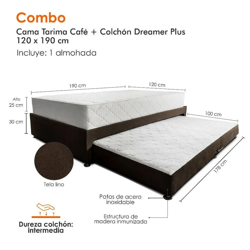 Combo Cama Tarima Nido Café + Colchón 120 x 190 cm + Almohada