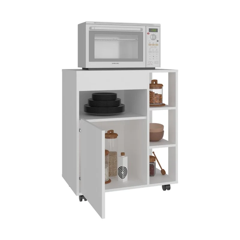 Modulo Microondas Con ruedas Kati, Kronos Blanco, una puerta abatible y compartimiento inferior de almacenamiento ZF
