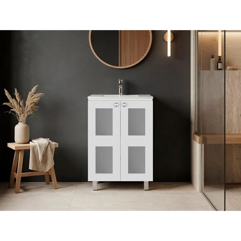 Mueble para Lavamanos Haysi, Blanco, Dos Puertas Abatibles y Entrepaño, Incluye Lavamanos ZF