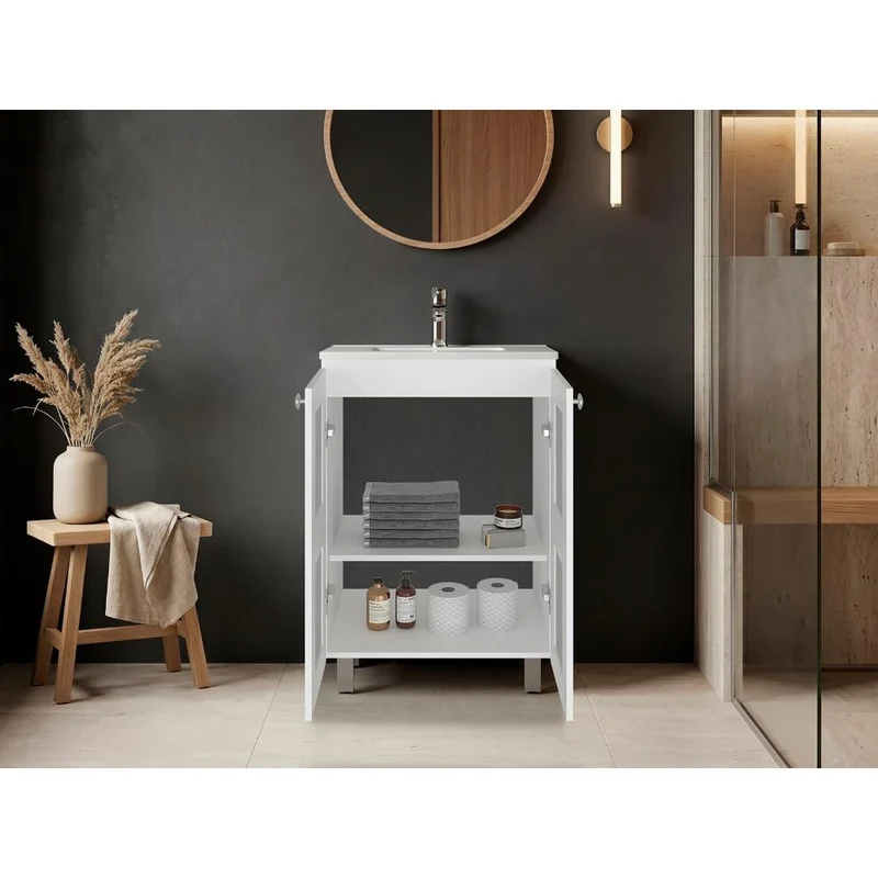 Mueble para Lavamanos Haysi, Blanco, Dos Puertas Abatibles y Entrepaño, Incluye Lavamanos ZF