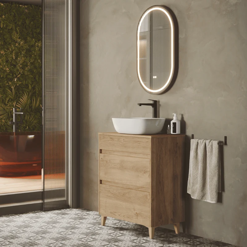Mueble de Baño A Suelo con Lavabo Sobreponer Cerámico Fondo Reducido modelo Veloz | Mueble Baño con Patas 2 Cajones para Aseo | Roble Natural