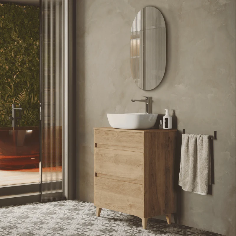 Mueble de Baño A Suelo con Lavabo Sobreponer Cerámico Fondo Reducido modelo Veloz | Mueble Baño con Patas 2 Cajones para Aseo | Roble Natural