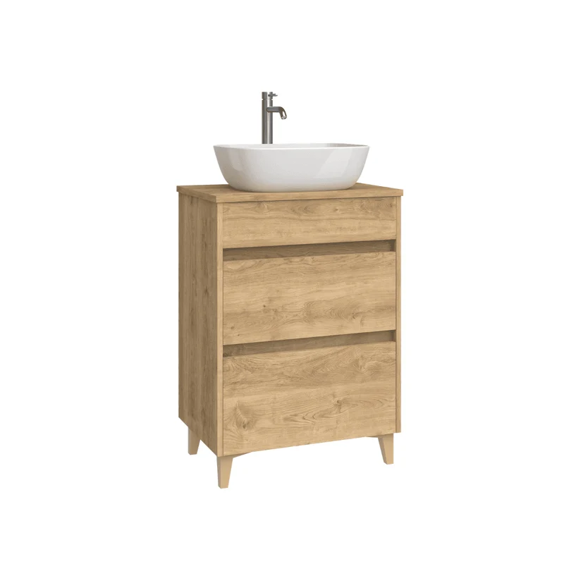 Mueble de Baño A Suelo con Lavabo Sobreponer Cerámico Fondo Reducido modelo Veloz | Mueble Baño con Patas 2 Cajones para Aseo | Roble Natural
