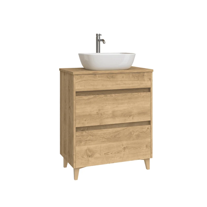 Mueble de Baño A Suelo con Lavabo Sobreponer Cerámico Fondo Reducido modelo Veloz | Mueble Baño con Patas 2 Cajones para Aseo | Roble Natural