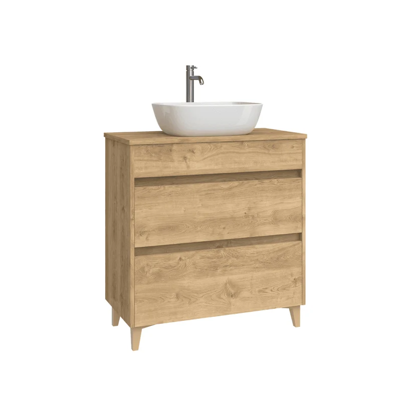 Mueble de Baño A Suelo con Lavabo Sobreponer Cerámico Fondo Reducido modelo Veloz | Mueble Baño con Patas 2 Cajones para Aseo | Roble Natural